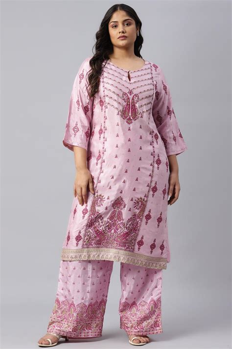 Buy Plus Size Pink Glitter Printed Shantung kurta Online for Woman ...