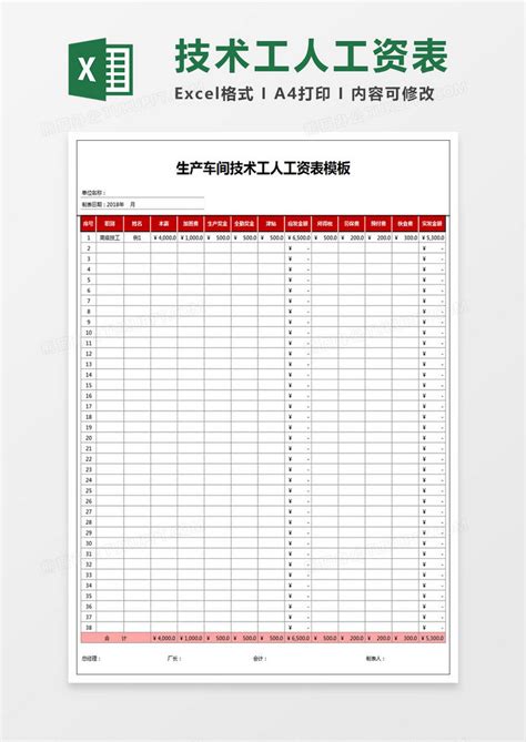 生产车间技术工人工资表Excel模板下载_熊猫办公