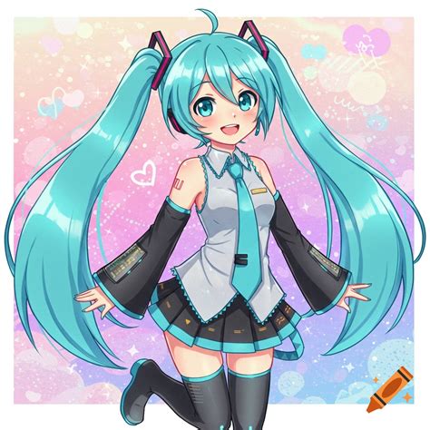 Portrait of an anime girl with long blue twin-tails, headphones, and a ...