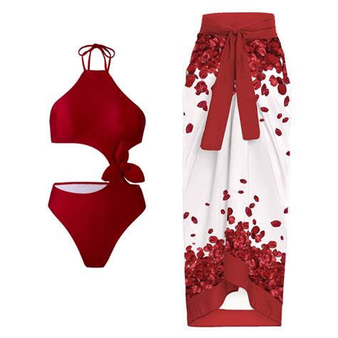Red Women Swimwear Sets Sun Graphic Skorts Swimwear Sets for Women ...
