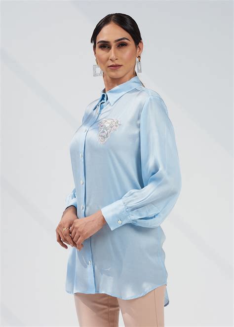 Sky Embellished Satin Shirt – Elegant Women’s Tops and Tunics | Seven DC