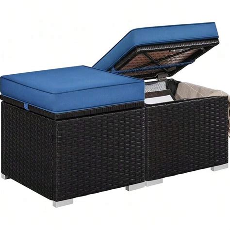 Wicker Ottomans, Set Of 2 Patio PE Rattan Side Tables With Hidden ...