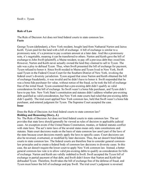 Prof. Mc Laughlin civ pro suppoet - Swift v. Tyson Rule of Law The Rule ...