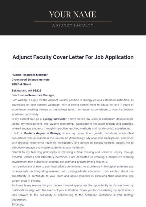 Free Adjunct Faculty Cover Letter For Job Application Template to Edit Online