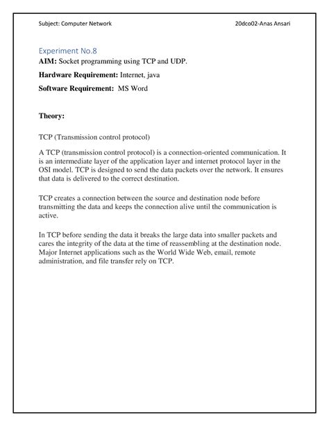 Socket programming using tcp or udp - Experiment No. AIM: Socket ...