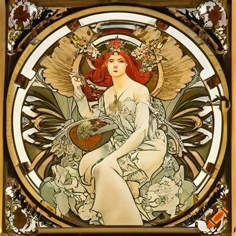 Alphonse mucha artwork of two angels with golden bird on Craiyon