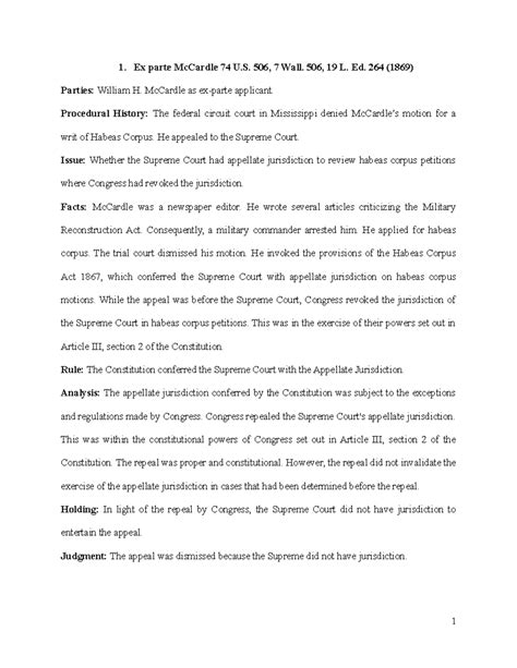 Case Briefs on Con Law - Ex parte McCardle 74 U. 506, 7 Wall. 506, 19 L ...