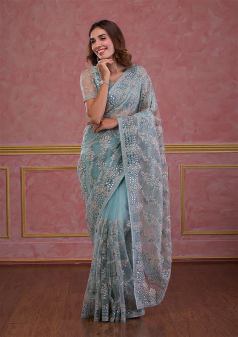 Buy Sky Blue Zariwork Net Saree - Koskii