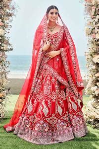 Buy Red Silk, Organza, Viscose Pearls, Zardozi And Resham Bridal ...