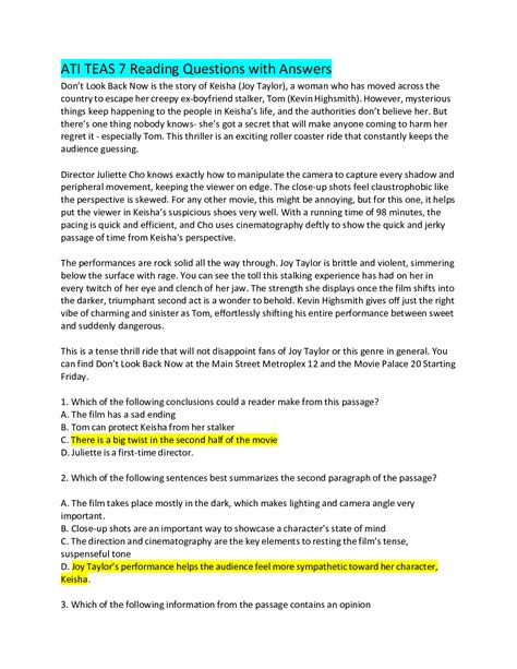 ATI TEAS 7 READING QUESTIONS AND ANSWERS(30 Q/A)(UPDATED, 2024) - DocMerit