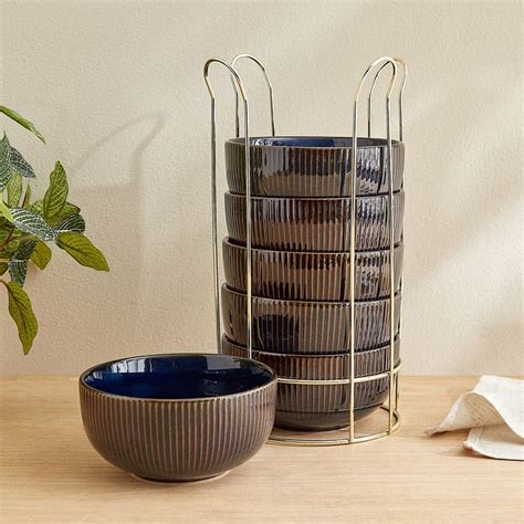 Buy Caraway Somber Set of 6 Stoneware Bowls with Metal Stand - 460ml ...