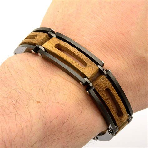 Buy Black Stainless Steel & Ebony Wood Cut-Out Adjustable Bracelet ...