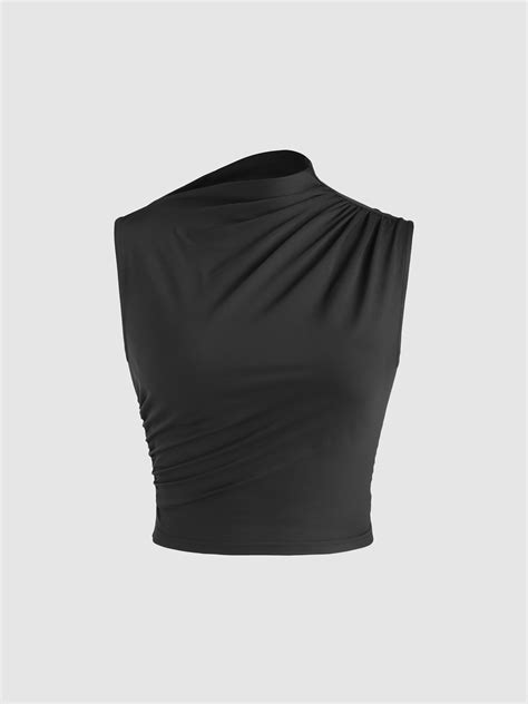 Knit Fabric Asymmetrical Neck Ruched Crop Tank Top For School Daily Casual