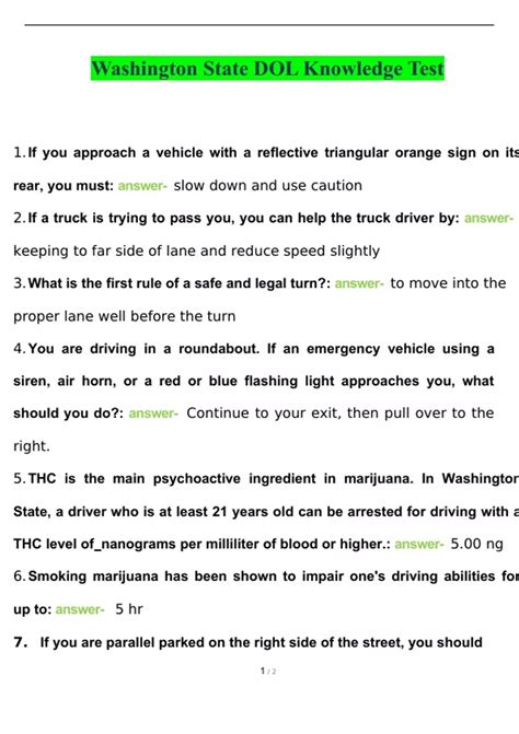 Washington State DOL Knowledge Test Questions and Answers 2023 with ...