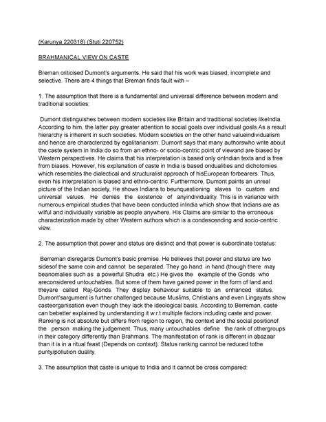 Brahmanical VIEW ON Caste- (Karunya 220318) (Stuti 220752) BRAHMANICAL ...