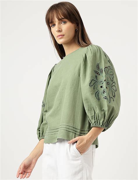 Buy Linen Rich Schiffli Embroidery Blouse at Marks & Spencer