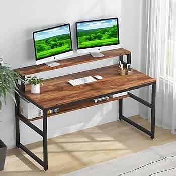 Deskio Computer Desk with Lower Shelf & Monitor Riser, Laptop Table ...