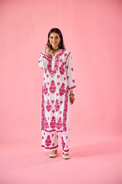 Lakshita Pink & White Modal Hand Embroidered Chikankari Kurta & Pant S