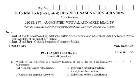 AR VR question paper - Reg. No (Integrated) DEGREE EXAMINATION, JULY ...