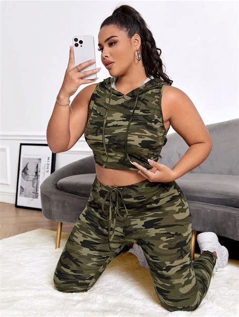 SHEIN EZwear Plus Camo Print Drawstring Hooded Tank Top & Leggings ...