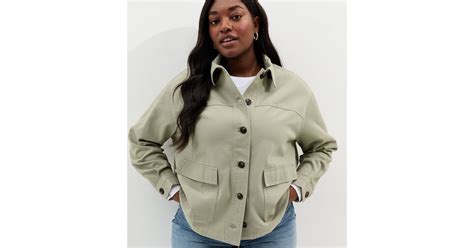 Curves Light Khaki Cotton Flap Pocket Shacket | New Look