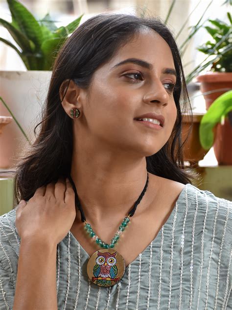 Beautifully Handcrafted Owl Motif Terracotta Jewellery Set with Vibran ...
