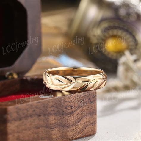 Vintage Leaf Design Wedding Band Mens Yellow Gold Nature Inspired ...
