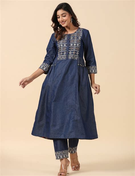 Dark Blue A-Line Designer Kurta – Savi India
