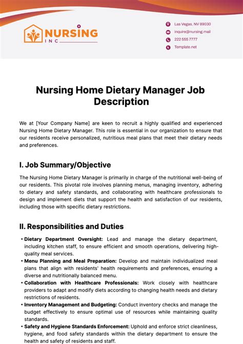 Free Nursing Home Dietary Manager Job Description Template to Edit Online