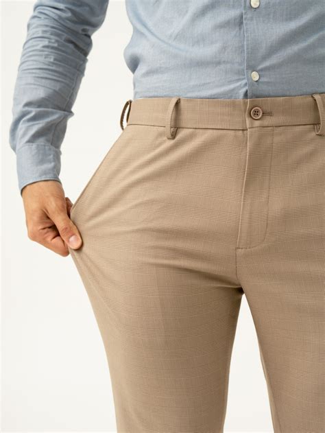 Buy Men's Khaki Checkerd Slim Fit Lightweight Formal Trousers Online