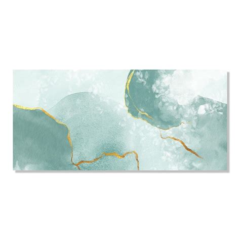 Abstract watercolor painting with blue, green, and gold/yellow lines ...
