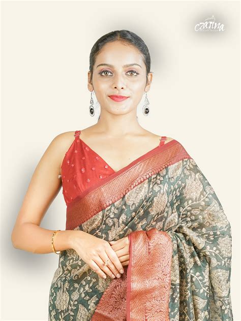 DARK OLIVE GREEN CHANDERI SAREE WITH PEACOCK MOTIFS AND MAROON BORDER ...