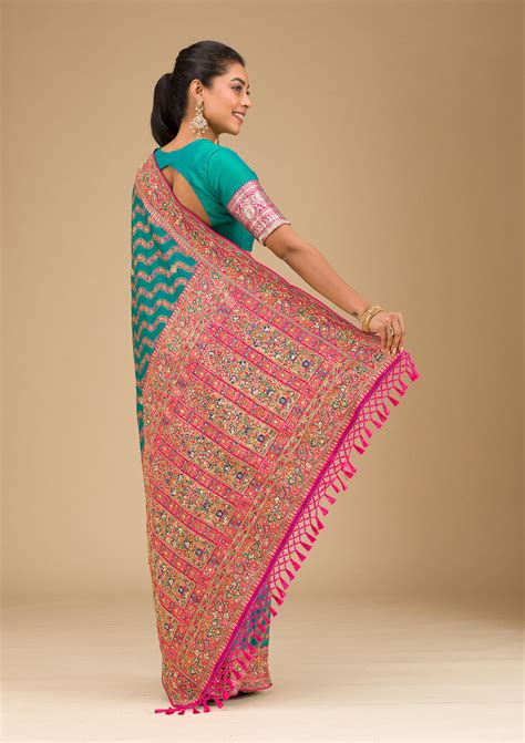 Buy Peacock Blue Cutdana Art Silk Saree - Koskii