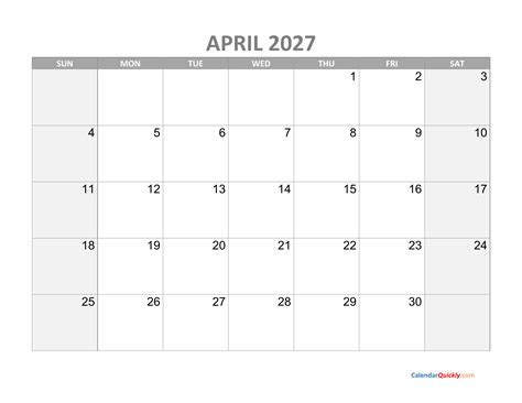April Calendar 2027 with Holidays | Calendar Quickly