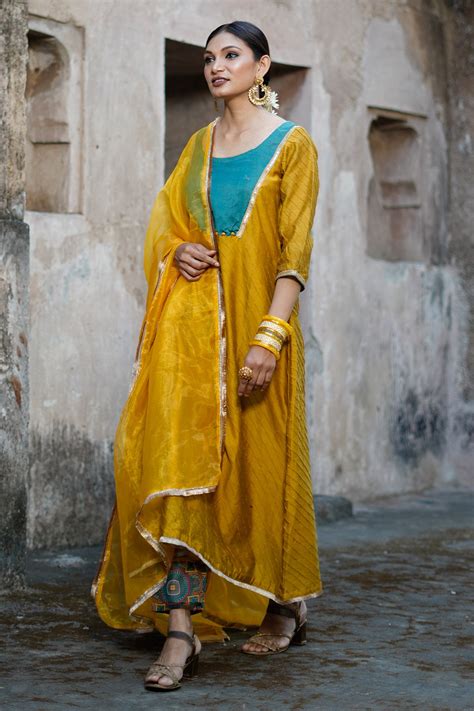 Buy Mustard Zari Woven Kurta Set online available at scrollnshops