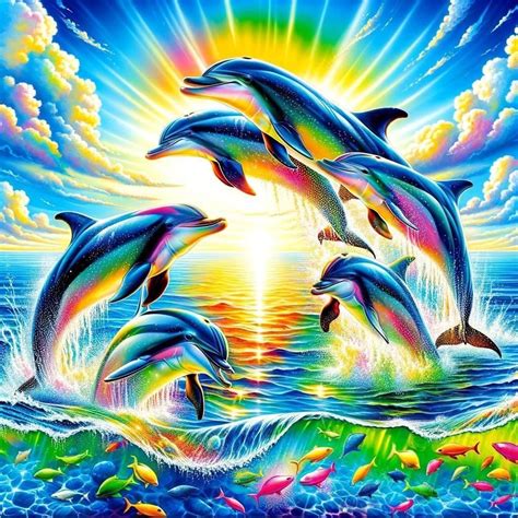 Three Dolphins Jumping in Front of a Rainbow Sky