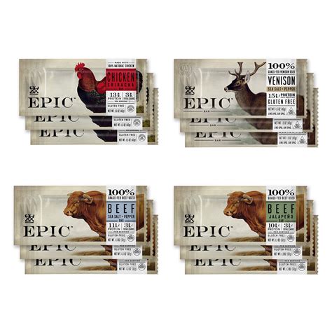 EPIC Bars Variety Pack, Chicken, Beef, Venison, Keto Protein Snacks, 12 ...