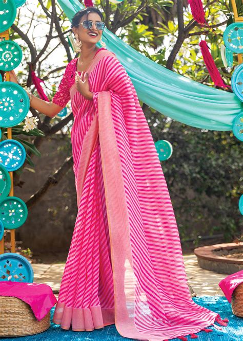 Buy Carnation Pink Cotton Saree With Leheriya Print Online - MySilkLove