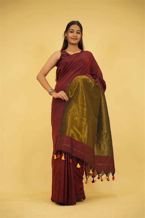 Maroon and Olive Khadi Cotton with Subtle Zari Sheen and Tassel Ready