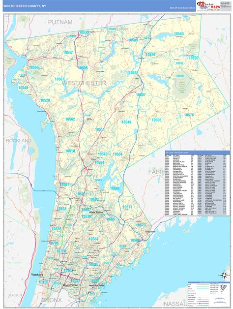 Westchester County, NY Zip Code Wall Map Basic Style by MarketMAPS ...