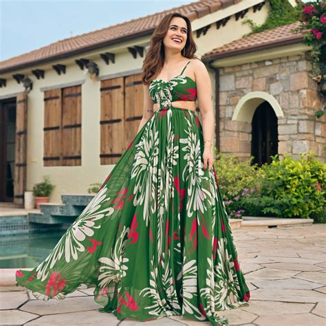 Lush Forest Green Strappy Sleeve Georgette Long Dress For Women Online ...