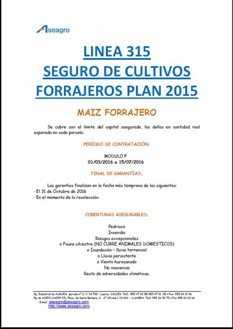 SEGURO ASEAGRO DE CULTIVOS FORRAJEROS: LINEA 135 – Aseagro