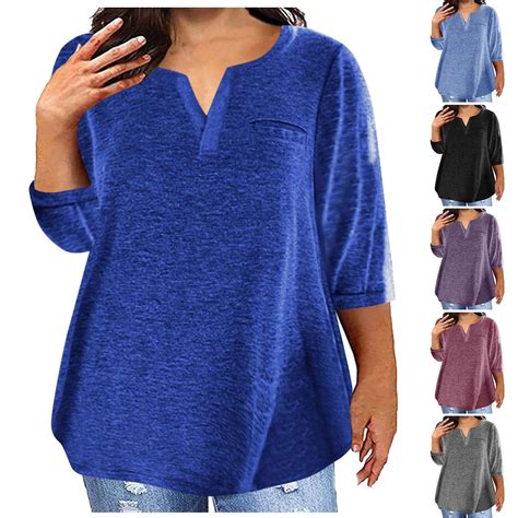 Dazajoo Plus Size 3/4 Sleeve Tops for Women 2024 Trendy Notch V Neck Solid Color Tunic Tee with ...