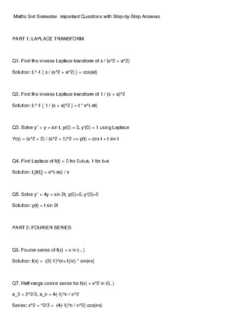 Maths 2nd Sem Important Questions & Solutions: Laplace, Fourier, DEs ...