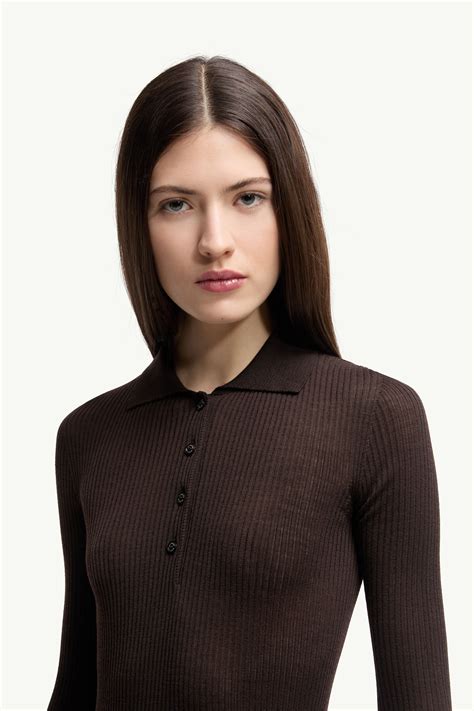 Brown Wool Long Sleeve Polo Shirt - Tops & T-Shirts for Women | Moncler SG