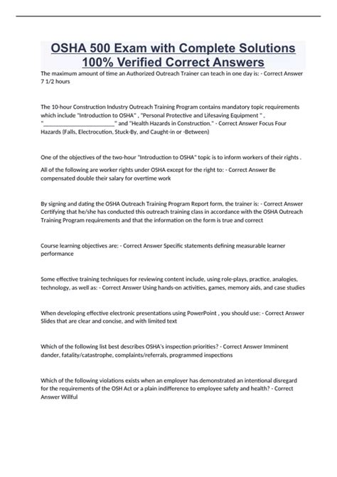 OSHA 500 Exam with Complete Solutions 100% Verified Correct Answers ...