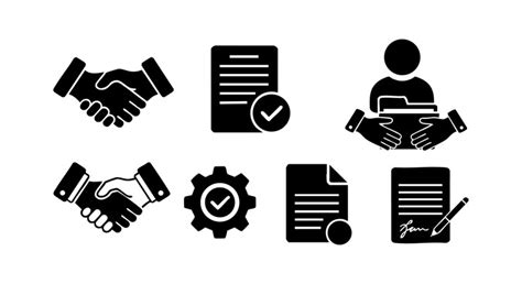 Business partnership and contract agreement icons with handshake and ...