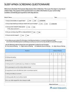 Fillable Online mydoctor kaiserpermanente SLEEP APNEA SCREENING ...