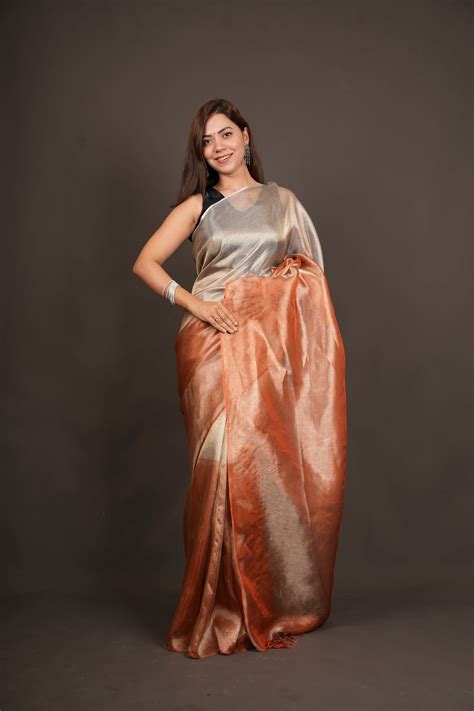 Dual Tone greyish orange sunset tissue silk prestitched saree | Isadora ...
