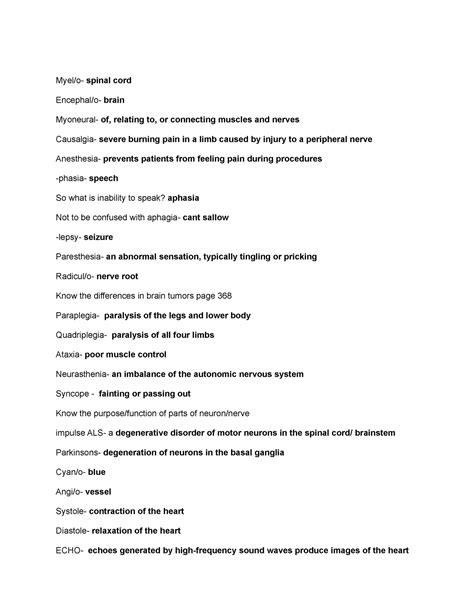 Chapter 10-12 Review - Myel/o- spinal cord Encephal/o- brain Myoneural ...